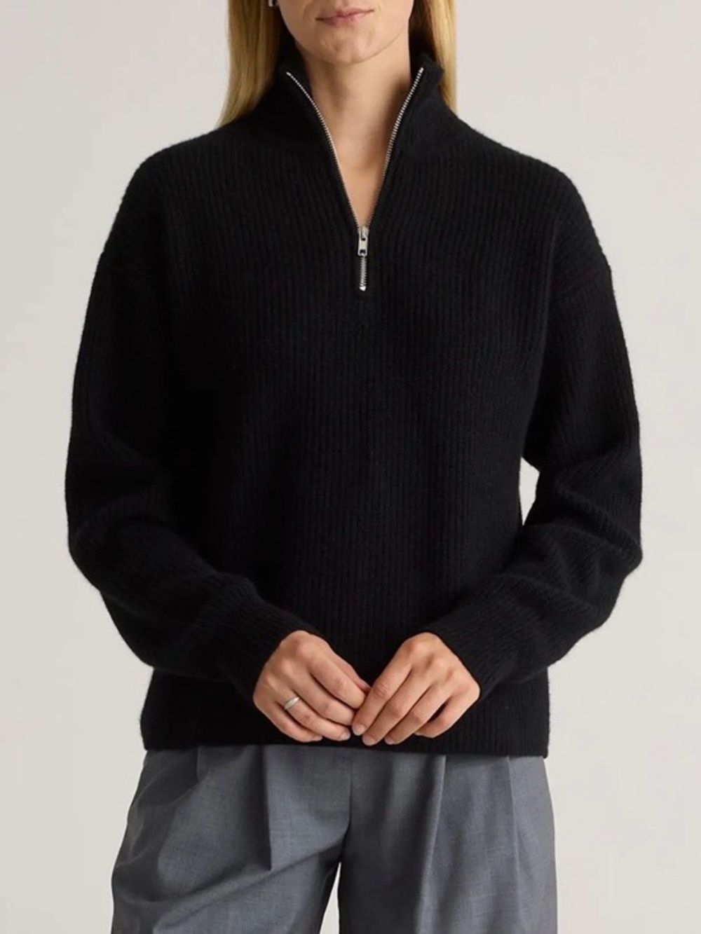 Quince Mongolian Cashmere Fisherman Black Quarter Zip Sweater